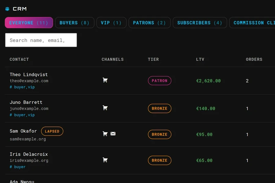The CRM list: segment chips for everyone, buyers, VIP, patrons and subscribers, and the first contacts with their tier, lifetime value and order count.