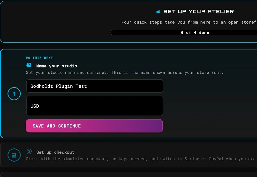 The setup banner and its first step: name your studio and pick a currency, with Save and Continue, and the set-up-checkout step waiting below.