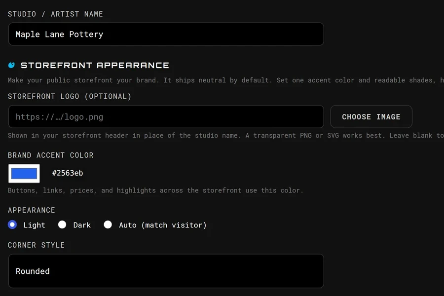 The storefront appearance settings: studio name, an optional logo, the brand accent color, and the light, dark or match-the-visitor choice.