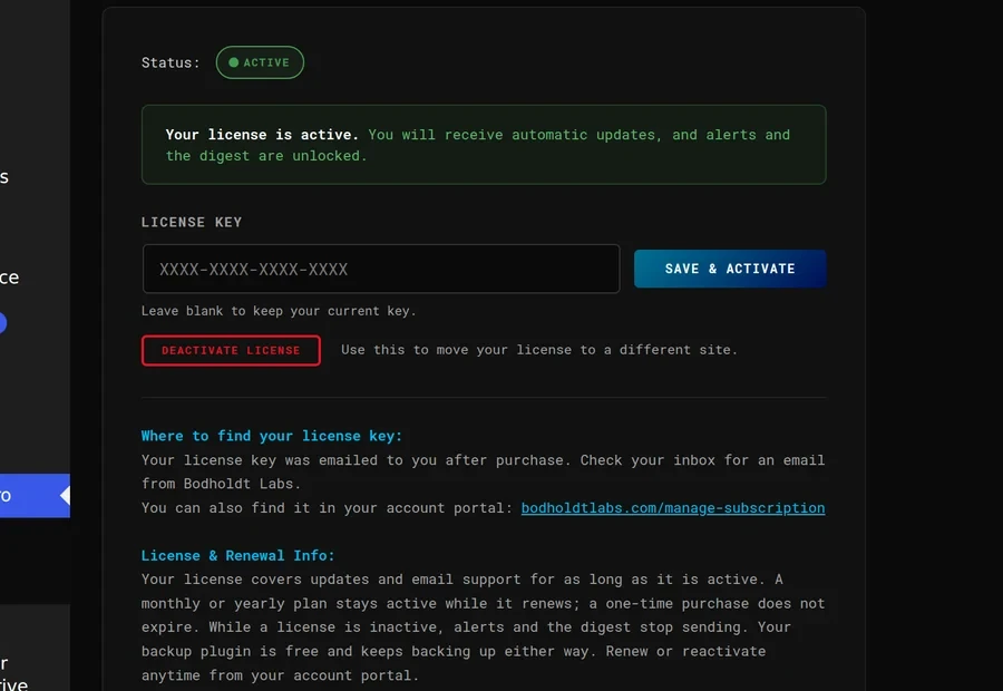 The license panel with an active status: the license key field, Save and Activate, Deactivate License, and where to find your license key.