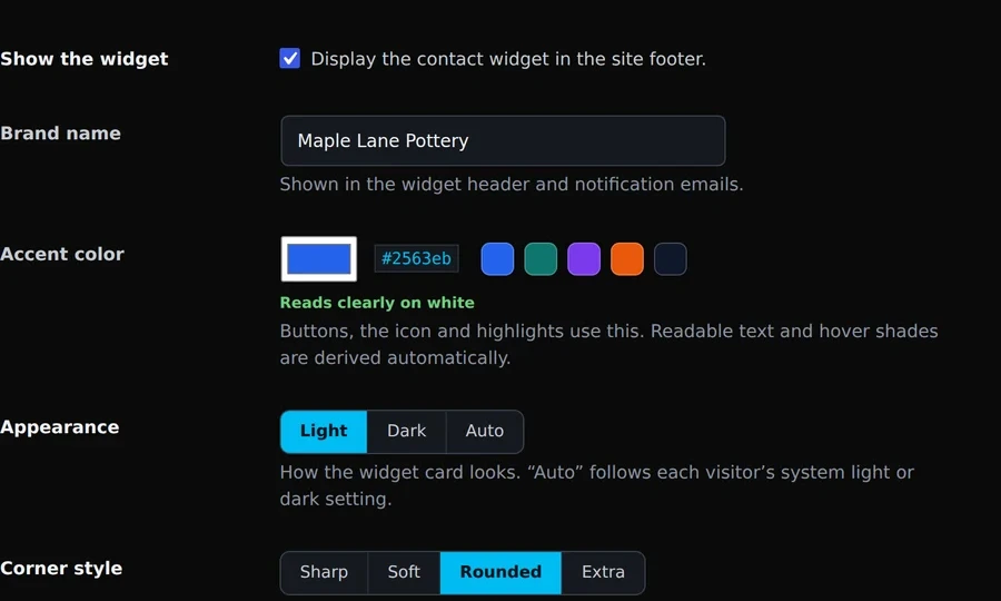 The widget settings: the show-the-widget checkbox, the brand name field, accent color swatches with the reads-clearly-on-white check, and the light, dark or auto appearance choice.