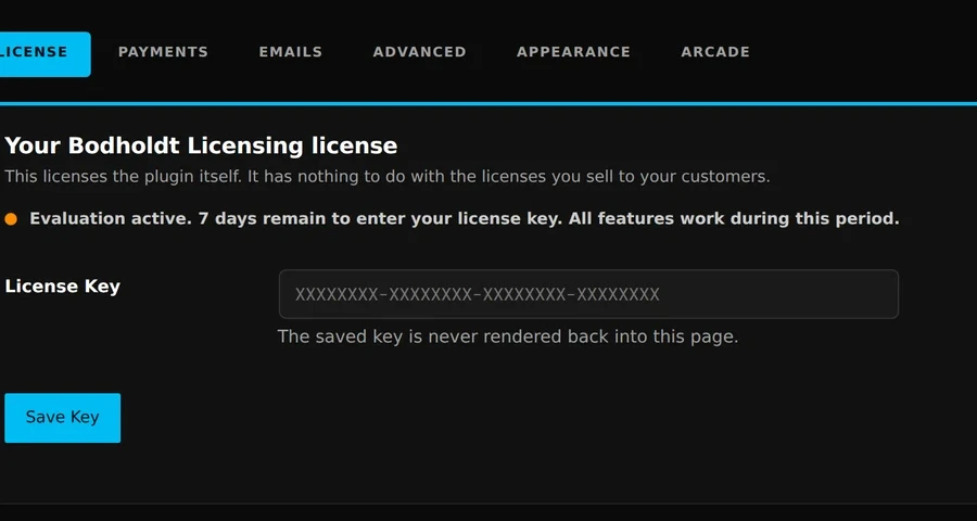The License settings tab: the evaluation-active notice with days remaining, the license key field, and the line that the saved key is never rendered back into the page.