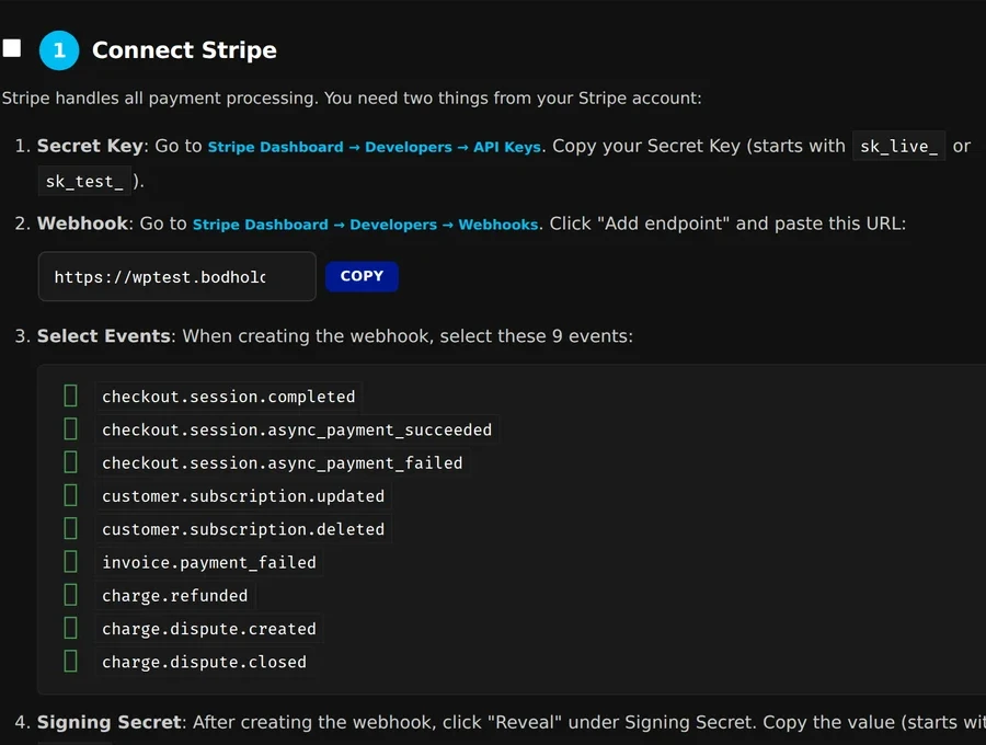 Step one of the Stripe checklist: where the secret key and webhook endpoint come from, and the nine webhook events to select, listed exactly.