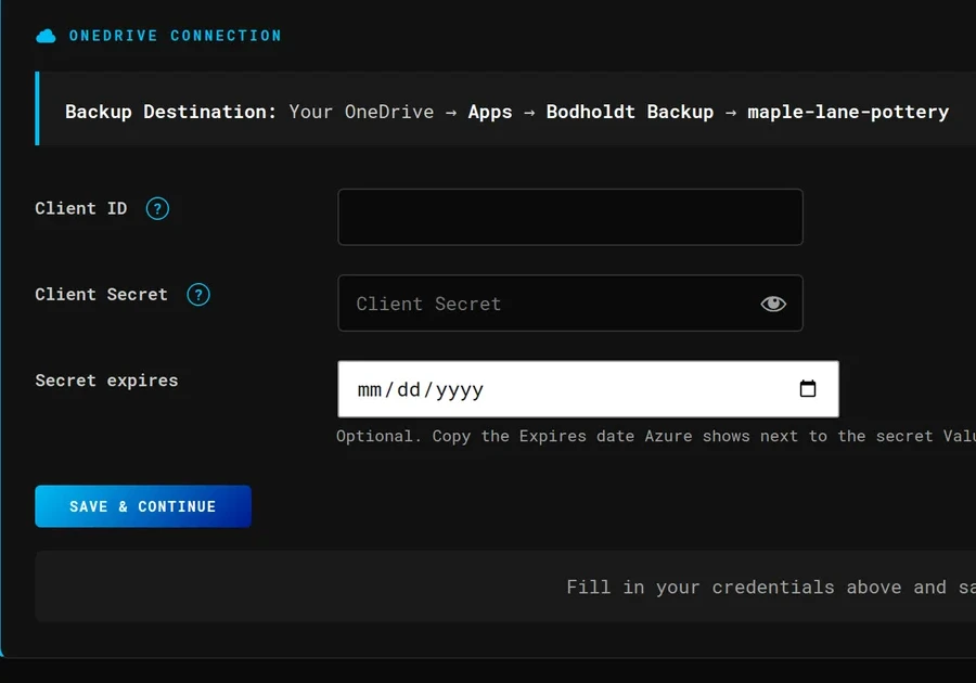 The OneDrive connection panel on a site that is not connected yet: the backup destination path, the empty Client ID and Client Secret fields, the optional secret expiry date, and Save and Continue.