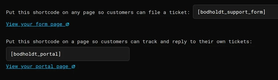 The two channel shortcodes on the Channels tab: the support form shortcode with its view-your-form-page link, and the customer portal shortcode with its view-your-portal-page link.