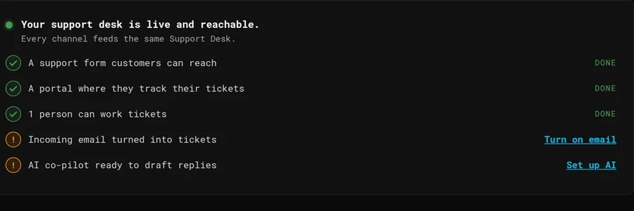 The setup checklist: three steps done, and the two still open, incoming email and the AI co-pilot, each with a link straight to its fix.