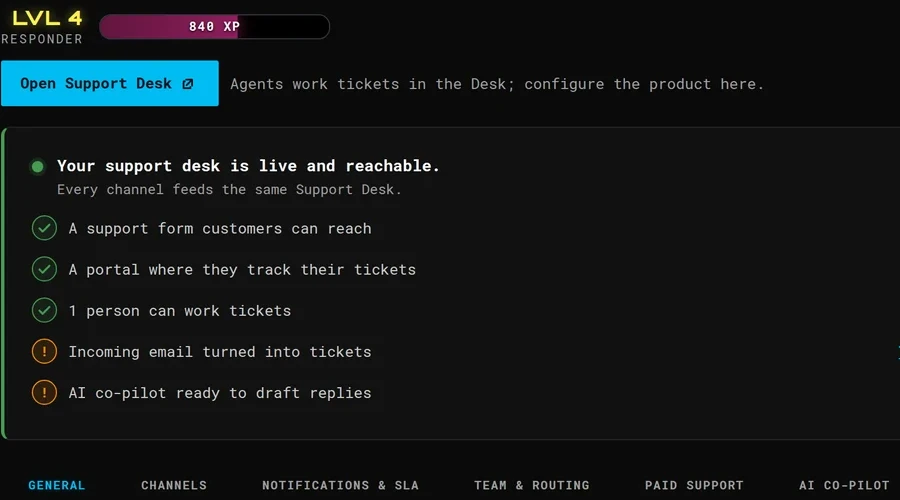 The optional arcade on the settings screen: a level-four rank with an XP bar, above the desk checklist and the settings tabs.